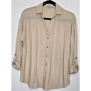 Magaschoni Womens Blouse Medium Tan Cream Knit Minimalist Button Up‎ Shirt Top